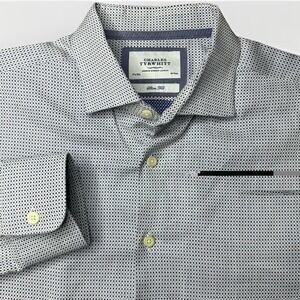 Charles Tyrwhitt Dress Shirt Mens 17.5 36 Micro Polka Extra Slim Fit Non Iron